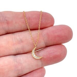 Estate Gold-Tone Sterling Silver Cubic Zirconia Crescent Moon Necklace 16"-18"